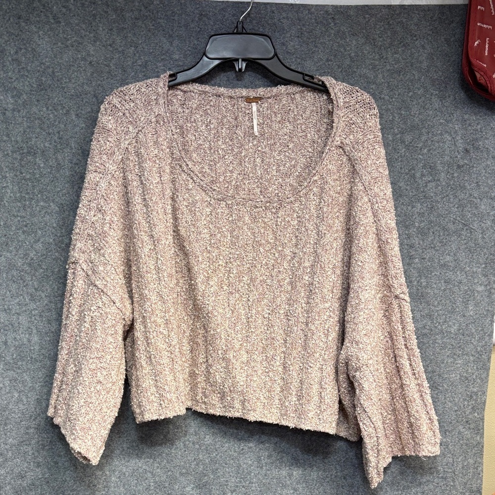 Free People Textured Knit Sweater mauve  and Cream wide sleeve ribbed sweater - Picture 4 of 11